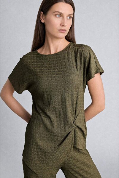 DeFacto Asymmetric Boat Neck Wrinkled Textured Short Sleeve Khaki T-Shirt G92...