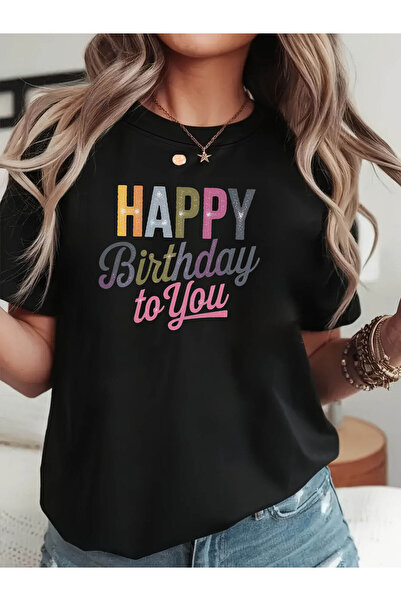 45 BPM HAPPY Birthday to You Letter Print T-shirt, Short Sleeve Crew Neck Cas...