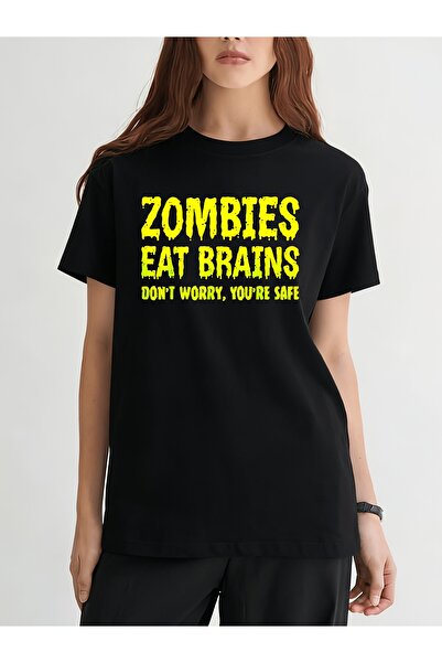 799 تي شيرت نسائي بطباعة حرارية ثنائية الأبعاد بعبارة 'الزومبي يأكل الدماغ، ل...