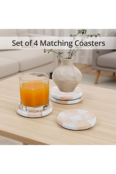 Radicaln Marble Coasters Set of 4, Travertine & White Drink Coasters for Coff...