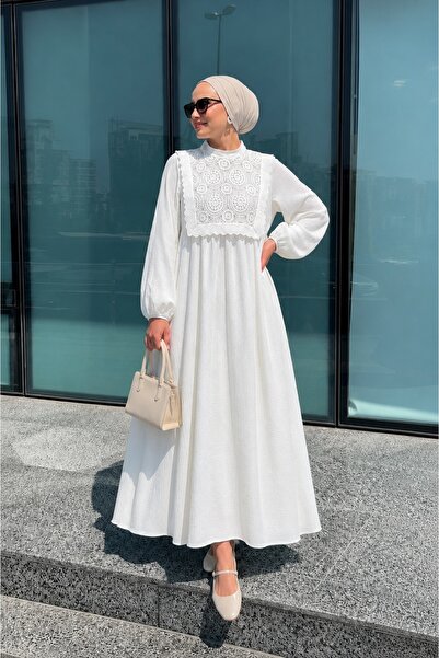 Lunfia Çıkarılabilir Dantel Püsküllü Lastikli Astarlı Bürümcük Elbise - Beyaz