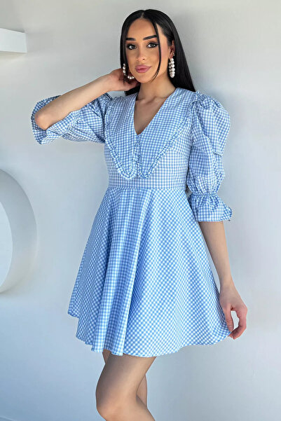 Aryena Blue Women's Gingham Patterned Baby Collar Dress