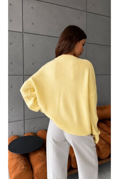 STF MODA Pulover tricotat oversize galben pentru femei - Decolteu rotund cu textură moale