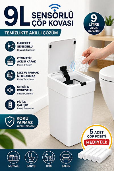 Funny Life 9 Lt Sensörlü Slim Çöp Kovası 5 Adet Çöp Torbası Hediyeli Otomatik...