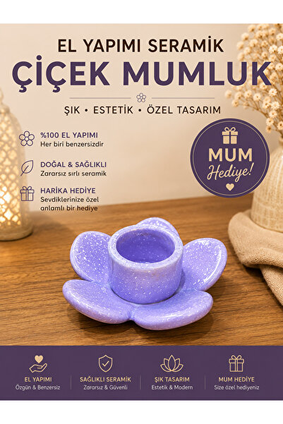 Prusias Wood El Yapımı Seramik Çiçek Mumluk | Dekoratif Mumluk | Mum Hediyeli
