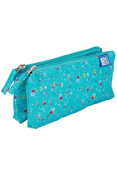 Oxford Penar 2 Zip Floral, tip etui dublu, 2 fermoare, culoare turcoaz