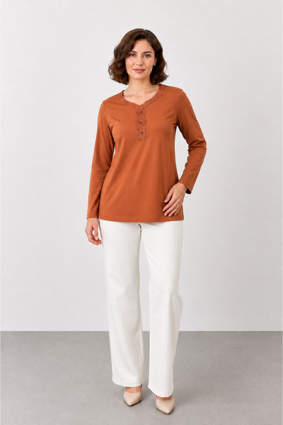 bihan store Women's V-Neck Knit and Button Detailed Long Sleeve Blouse Y26-83...