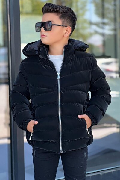Pina Kids Boys' Black Fur Lined Detachable Hooded Nova Winter Coat Km4014