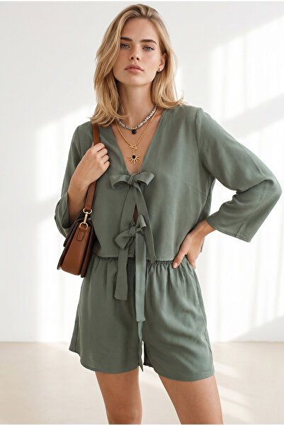 Olalook Women's Khaki Woven Viscose Jacket Shorts Set Tkm-19000514
