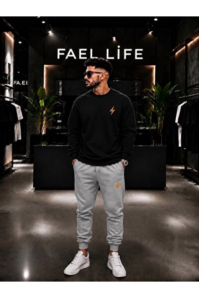 FAEL LİFE Unisex Wide Cut Zero Neck and Sweatpants Set with Lightning Print
