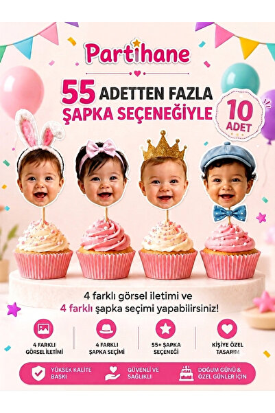 Partihane Kişiye Özel Fotoğraflı Doğum Günü Cupcake Pasta Kürdanı Bebek Çocuk...
