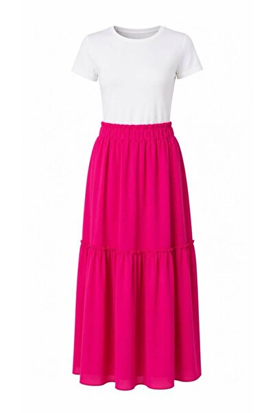 Eight Fashion Women's Fuchsia Elastic Waist Layered Long Viscose Maxi Skirt