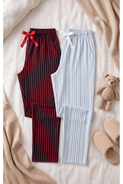 Pijahane 2'li Kadın Uzun Pijama Altı Seti | Lacivert Kırmızı & Mavi Beyaz Çiz...