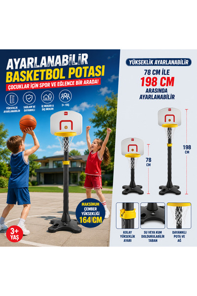 Cici Oyuncak Ayarlanabilir Çocuk Basketbol Potası 78-198 cm Boy Ayarlı Basket...