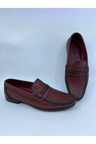 Papuccu Burgundy Knitted Patterned Genuine Leather Loafer