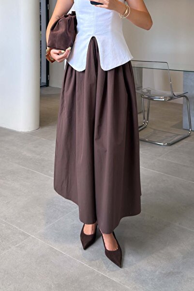 MAGARDE Poplin Skirt with Elastic Waist and Pocket Detail - Brown