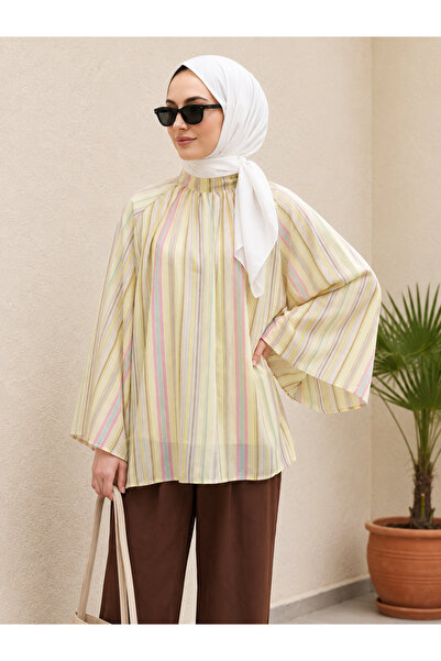 bellura Hakim Yaka Çizgili Astarlı Oversize Vual Tunik
