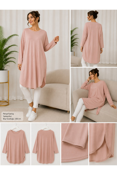 MİSS ÖVGÜ Pudra Penye Yarasa Kol Tunik 100 cm Oversize Bisiklet Yaka Günlük R...