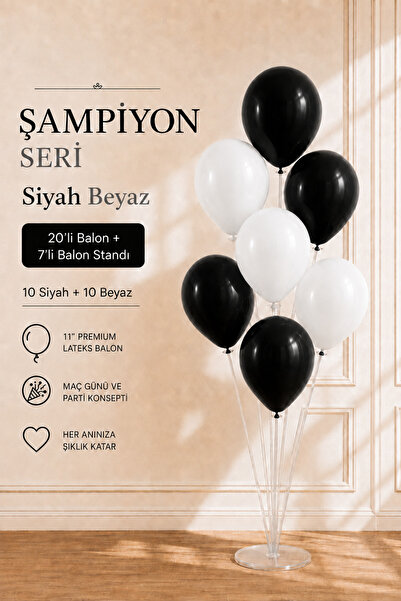 Marlon Balon Champion Series Black and White 20 Balloons + 70cm 7 Balloons St...