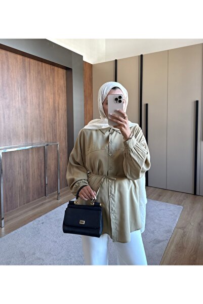 ensade Women's Summer Belted Oversize Shirt Long Sleeve Buttoned Hijab Shirt ...