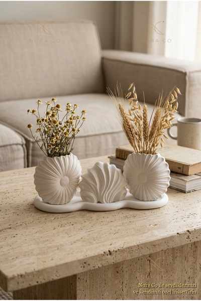NURA CO White Modern Double Flower Vase and Seashell Figured Combination Set ...