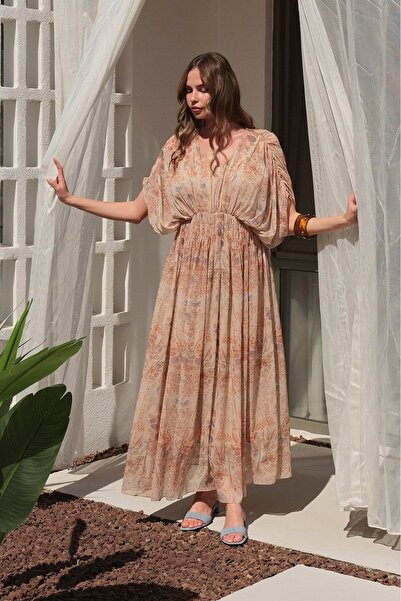Suziş Beige Color Patterned Giped Long Dress Per3457