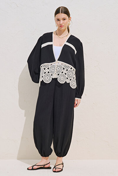Manuka Lace-Detail Muslin Bluz Black
