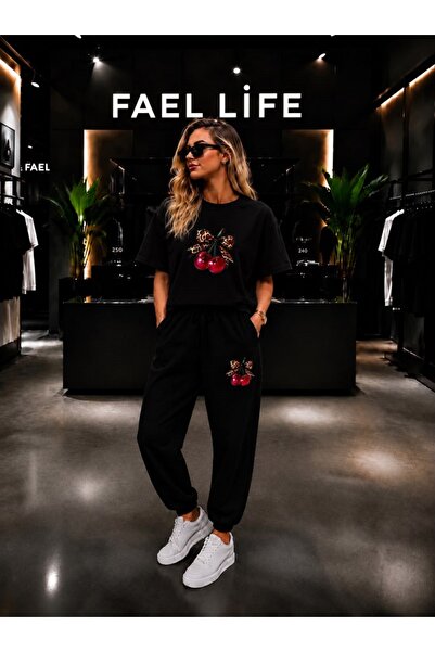 FAEL LİFE Unisex Wide-Let T-Shirt and Sweatpants Set with Cherry Ribbon Print