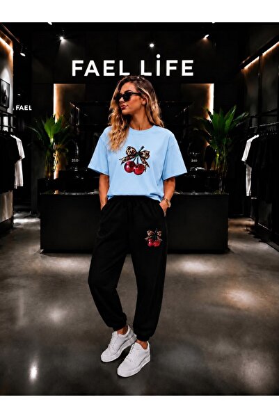 FAEL LİFE Unisex Wide-Let T-Shirt and Sweatpants Set with Cherry Ribbon Print