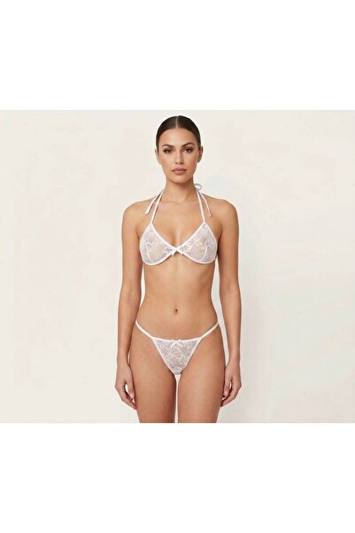 Women's White Lace Bralette Bra and String Panties Underwear Set with White Piping