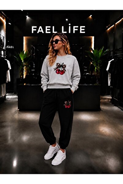 FAEL LİFE Unisex Wide Cut Zero Neck and Sweatpants Set with Cherry Ribbon Print