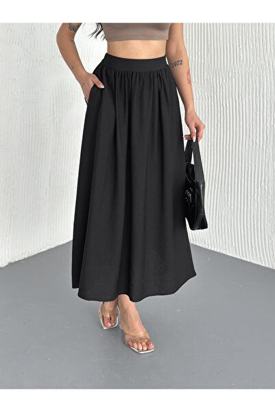DENİKK Trendy Elastic Waist High Waist Linen Skirt