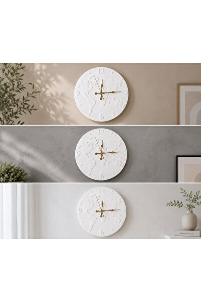MADIN STONE Dünya Haritalı Dekoratif Beton Duvar Saati 35 cm Altın Akrep Yelk...