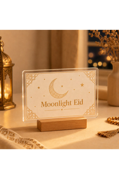 Bleco Eid Mubarak Acrylic Tabletop Sign with Wooden Base, Transparent Crescen...