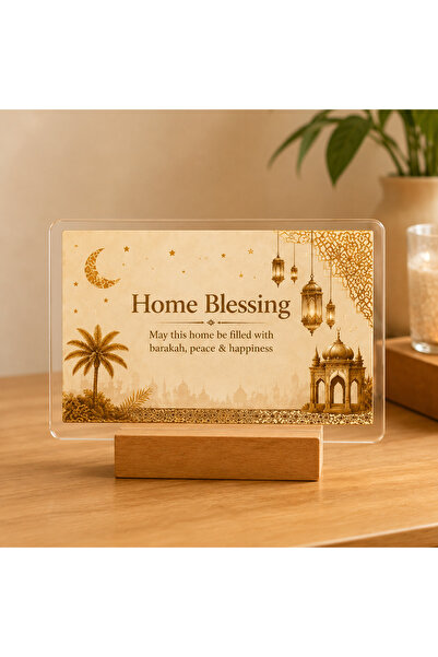 Bleco Eid Mubarak Acrylic Tabletop Sign with Wooden Base, Transparent Crescen...