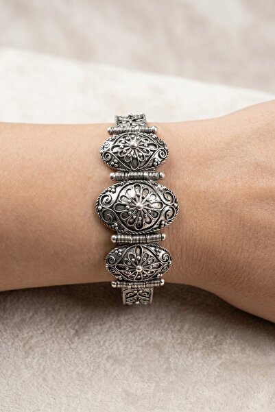 Söğütlü Silver 925 Ayar Gümüş Oval Çiçekli Telkari Kelepçe Bilezik Otantik Ka...