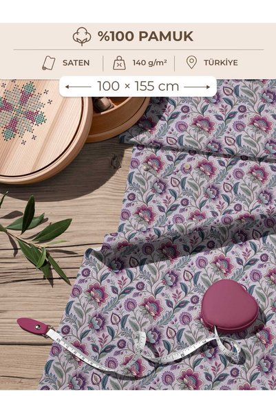 FabricsTown 100% Cotton Satin Fabric 100X155 cm Lilac Purple Floral Patterned...