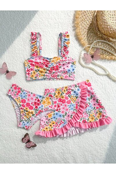 ARBİ kids Girls' Floral Ruffled Skirt Three-Piece Stylish Bikini Set Swimsuit
