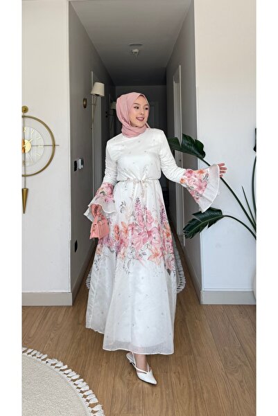 NİLNUR MODA فستان مارياء بتصميم الموسم الجديد من التول المطبوع