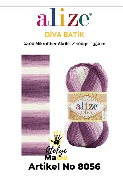 Alize Diva Batik 8056 %100 Mikrofiber Akrilik (100gr 350m) Tek Yumak 17 farkl...