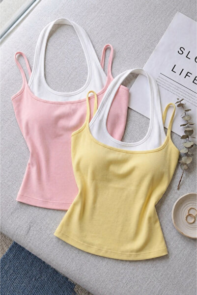 ÖZ PAMUK Pack of 2 Women's Halter Neck Double Color Soft Blouse Undershirt