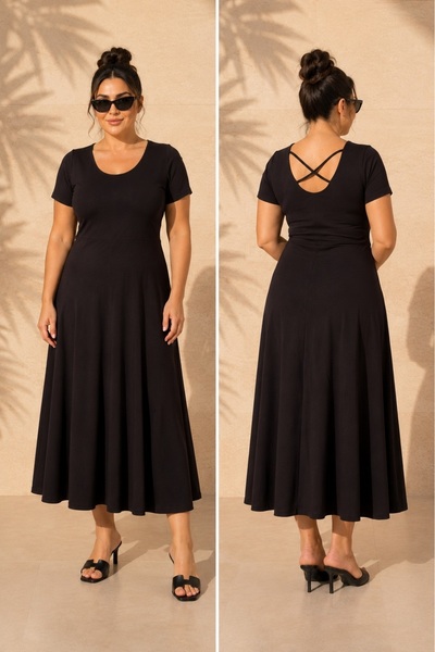 FOR ESRA BIG TREND Women's Plus Size Back Cross Detail U-Neck Short Sleeve Fl...