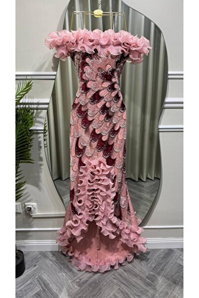 Mar style Midi Long Tulle Moofa Collar Halter Neck Evening Dress with Pearl E...