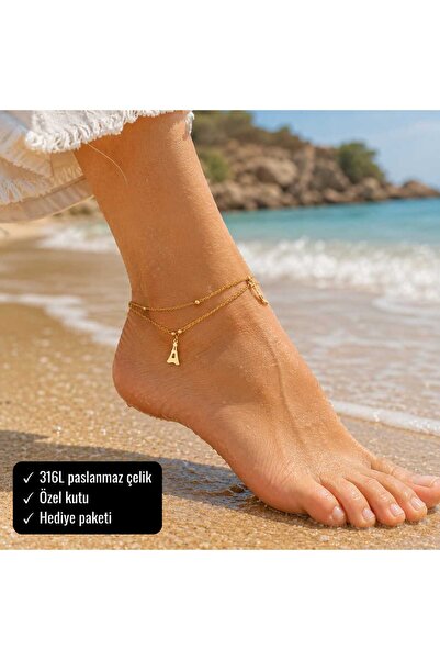 HER ŞEY NOTA www.herseynota.com Women's Gold Color Double Chain Anklet with L...