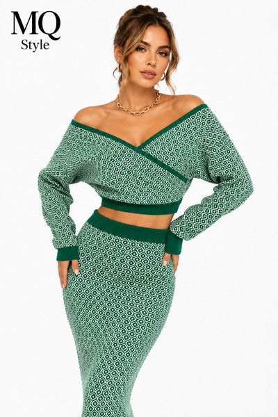 MQ Woolen 2 Piece Set Midi Skirt and Open Neck Long Sleeve Top Free Size