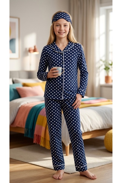 Enie Set de pijamale din bumbac bleumarin cu buline, cu ochelari de dormit, p...