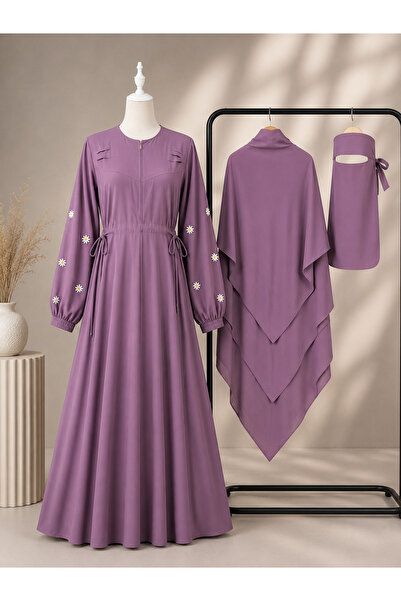 Jasmine Embroidered 3-Piece Hijab Set Medina Silk Fabric Ferace Shawl and Veil
