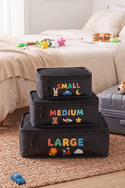 REKHOME 3'lü Siyah Çocuk Odası Valiz Düzenleyici Bavul İçi Organizer Set Seya...