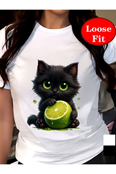 121 Short Sleeve Round Neck T-Shirt, Cute Cat and Lemon Print, Spring and Sum...