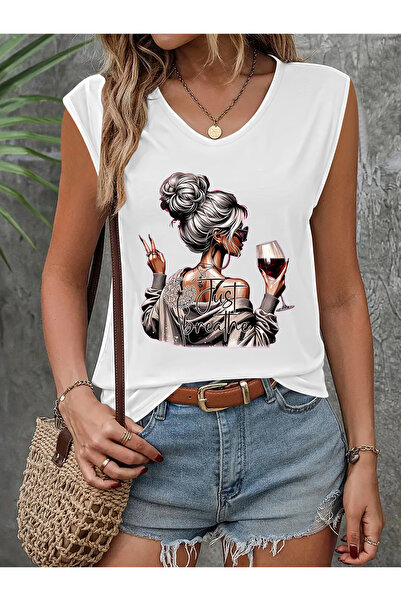 Deocept Women's Mix Printed V-Neck Sleeveless Regular Fit Comfortable T-Shirt